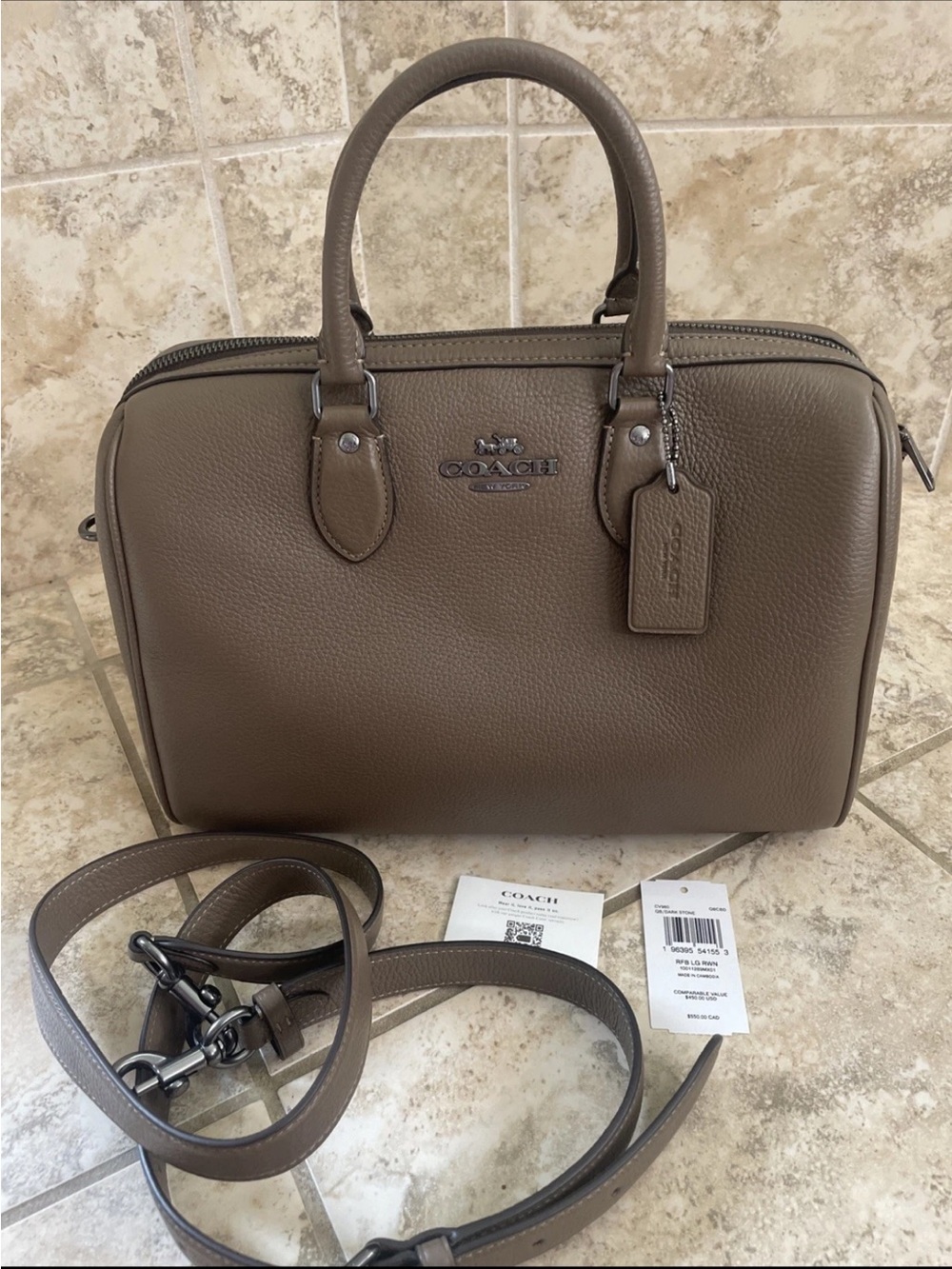 Coach Rowan Large Satchel Bag Crossbody In Leather Dark Stone CV960 NWT